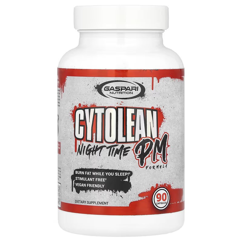 Gaspari Nutrition Cytolean Night Time PM Formula dietary supplement, 90 capsules, stimulant free and vegan friendly, in a white and red bottle.