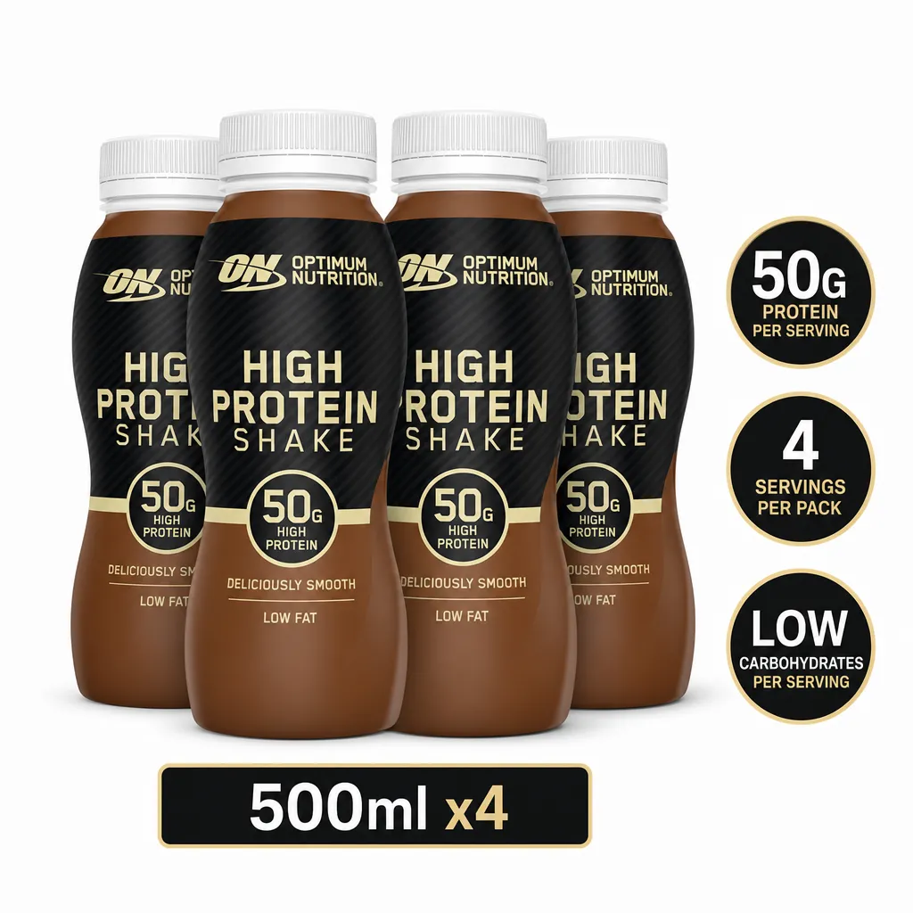 Optimum Nutrition High Protein Shake, chocolate-flavoured ready-to-drink 500ml bottles with 50g protein, pack of four.