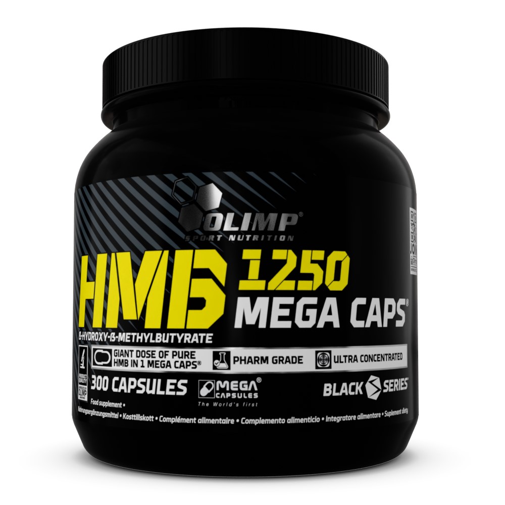 Olimp HMB Mega Caps 1250mg 300 Caps bottle, black container with blue and white label, sports supplement