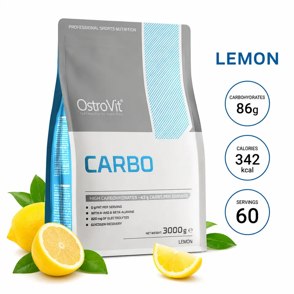 OstroVit Carbo 3000g Lemon is a carbohydrate powder supplement for athletes, featuring fast-absorbing carbs, electrolytes, and vitamins for energy and recovery.