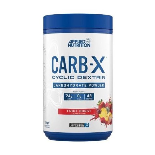 Applied Nutrition Carb X Cyclic Dextrin carbohydrate powder, Fruit Burst flavour, 1200g tub, designed for athletes, with 24g carbs per serving.