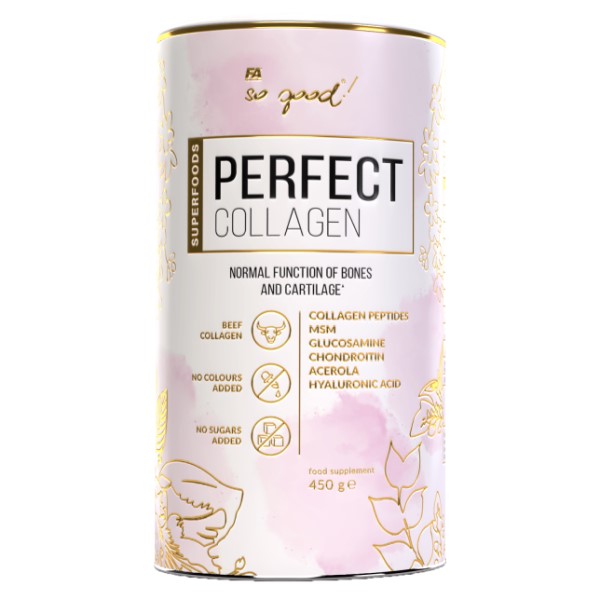 FA So Good! Perfect Collagen 450g superfood supplement with collagen peptides, MSM, glucosamine, chondroitin, acerola, and hyaluronic acid, in a pastel pink and gold canister.