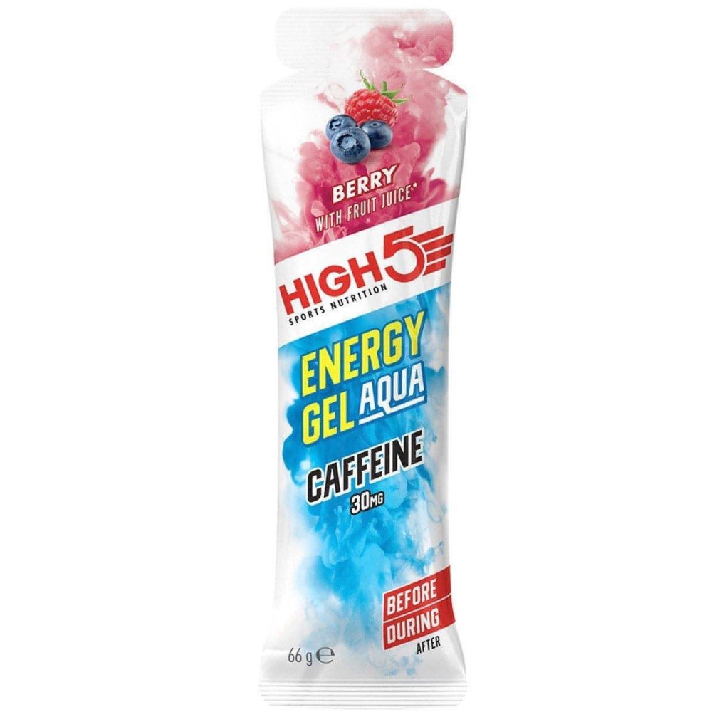 High5 Energy Gel Aqua Caffeine 66g berry flavour sports nutrition gel with 30mg caffeine, suitable for use before or during exercise, in a white and blue pouch.
