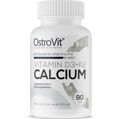 OstroVit Vitamin D3+K2 Calcium dietary supplement, 90 tablets, professional vitamins line, white bottle with grey accents.