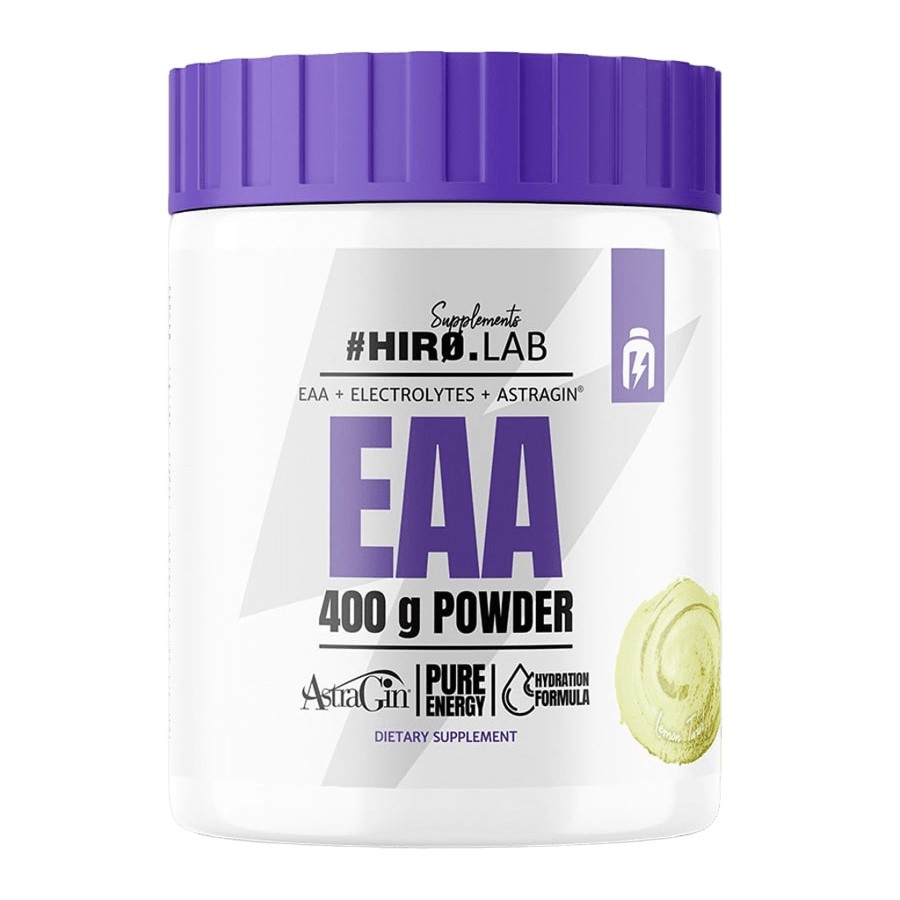 Hiro Lab EAA 400g powder essential amino acids supplement with electrolytes and AstraGin, in a white container with a purple lid.
