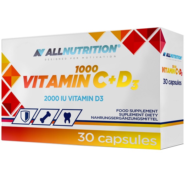 Allnutrition Vitamin C + D3 30 capsules food supplement with 1000 mg vitamin C and 2000 IU vitamin D3, white box with orange and yellow accents.