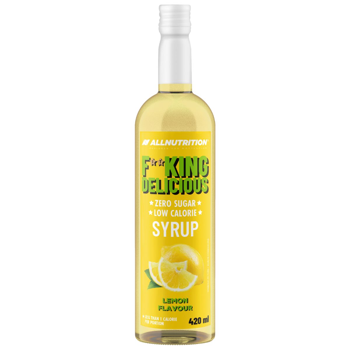 Allnutrition Fitking Delicious Syrup Zero Lemon 420ml bottle with yellow label and lemon graphics, plastic packaging