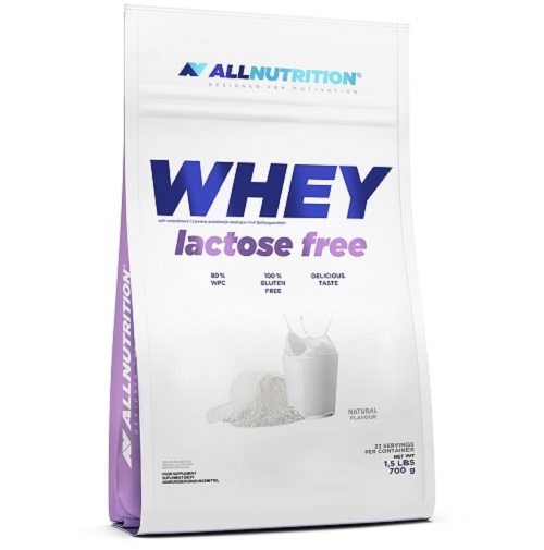 Allnutrition Whey Lactose Free Protein 700g natural flavour, gluten-free and lactose-free whey protein supplement in a white and purple pouch.