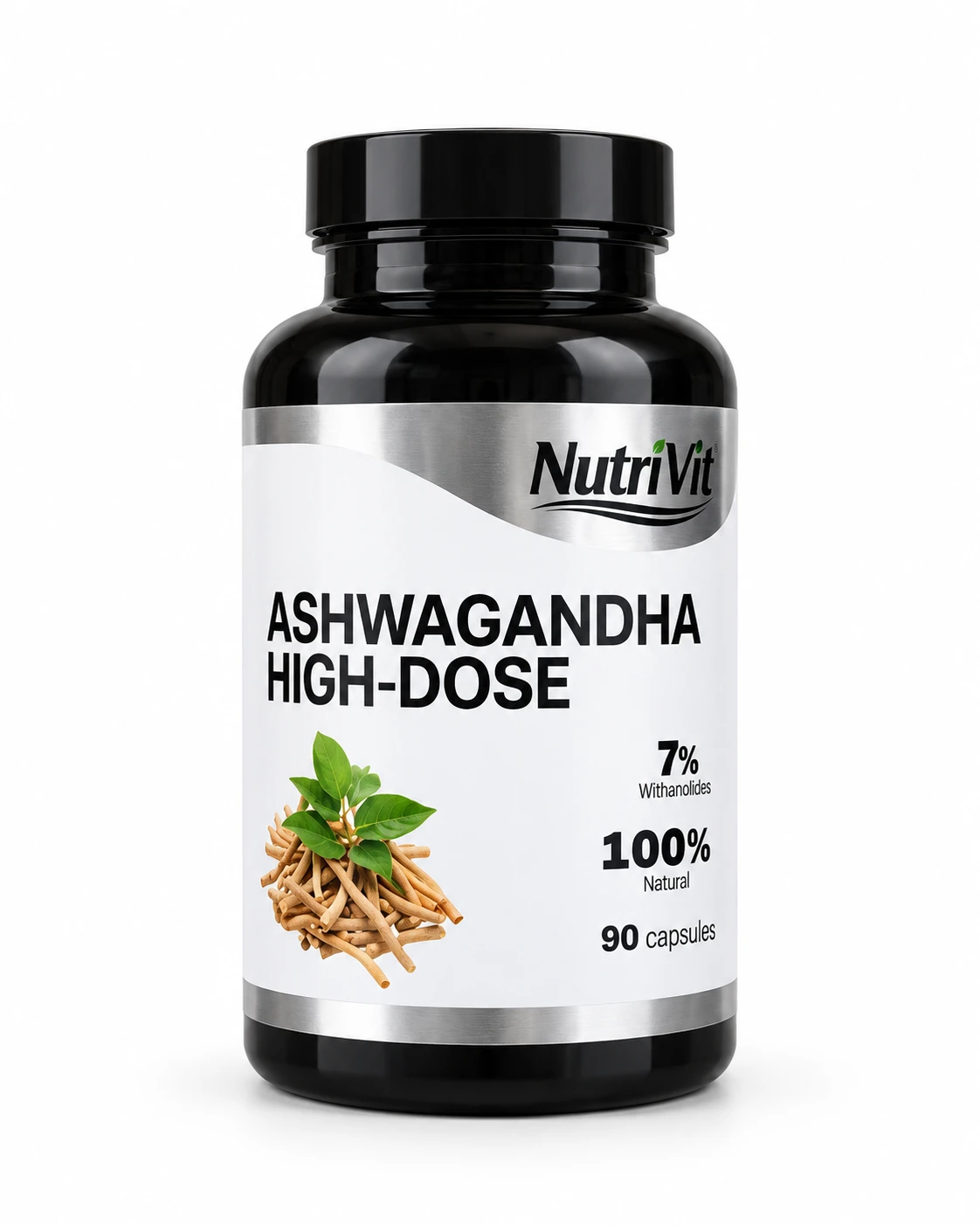 NutriVit Ashwagandha high-dose supplement with 7% withanolides, 90 capsules, in a black bottle with a white label.
