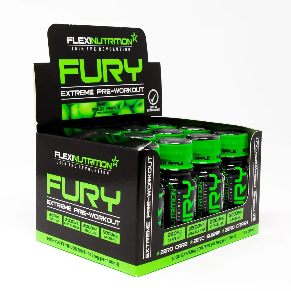 FlexiNutrition Fury Extreme Pre-Workout Sour Apple, a high-caffeine pre-workout supplement shot with 250mg caffeine, 2500mg beta alanine, 2000mg citrulline, and 2000mg arginine per serving, in a 12x60ml box with green and black packaging.