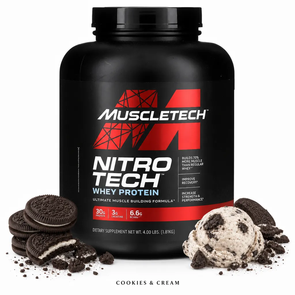 MuscleTech Nitro-Tech 40 Servings whey protein powder in Cookies & Cream flavor, featuring 30g protein, 3g creatine, and 6.6g BCAAs per serving, in a large black container.