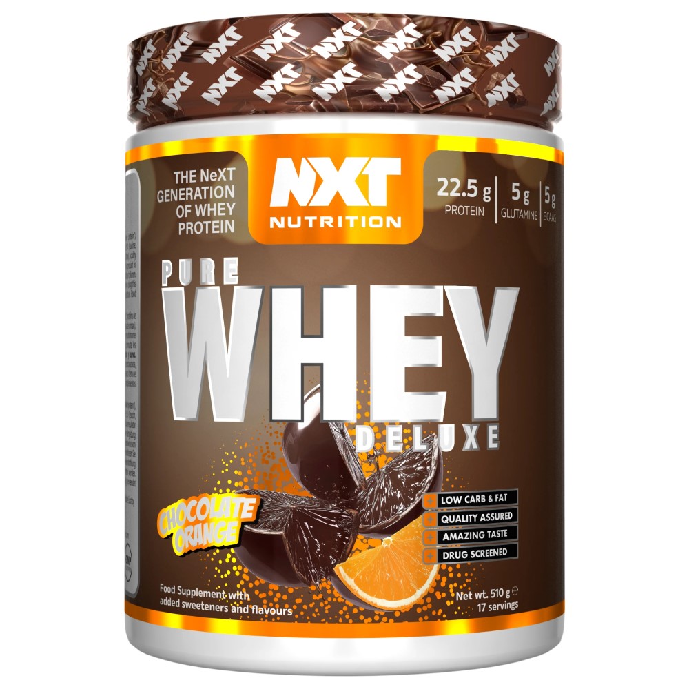 NXT Nutrition Pure Whey Deluxe 510g chocolate orange flavour whey protein supplement with 22.5g protein per serving, low carb and fat, and added glutamine and BCAAs.