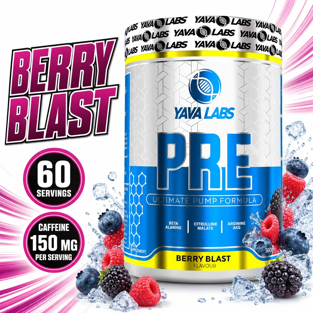 Yava Labs PRE 300g Berry Blast pre-workout powder in a blue and silver tub, with 60 servings and 150mg caffeine per serving.