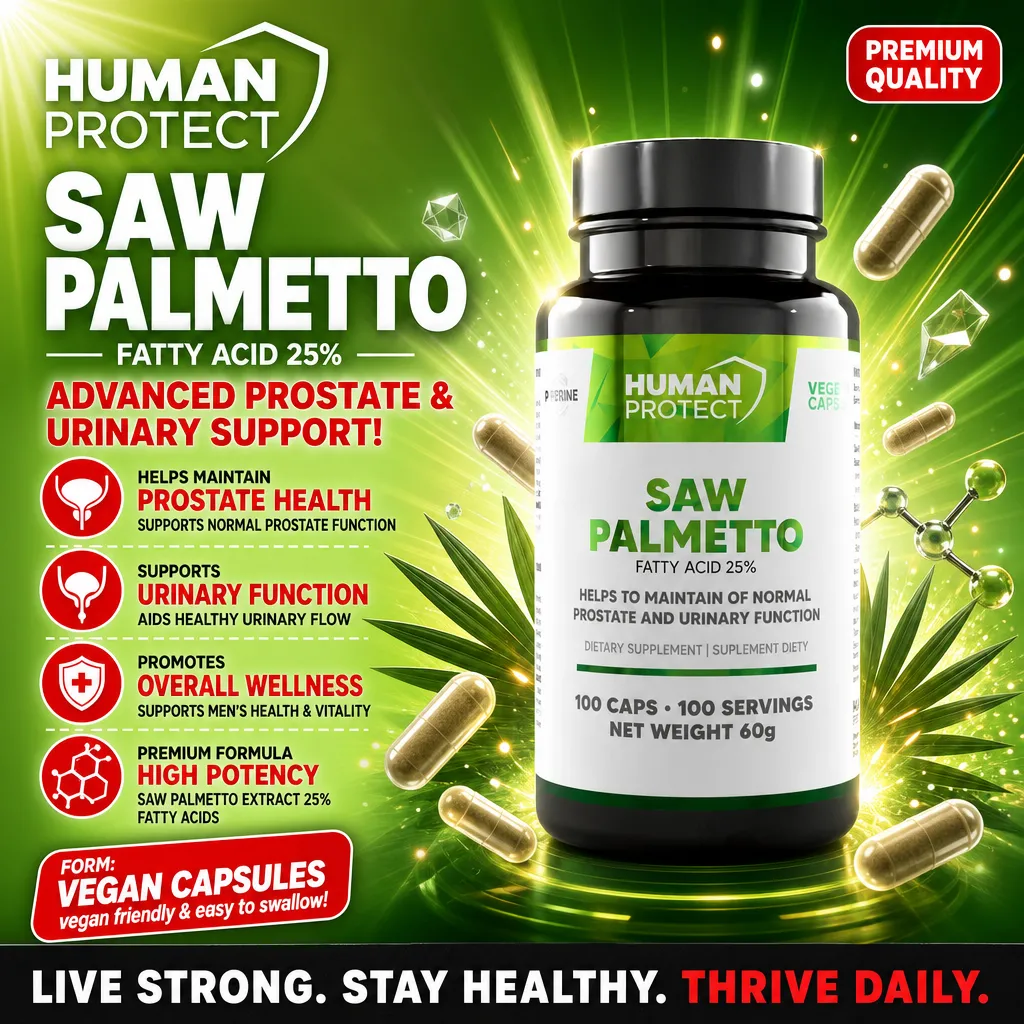 Human Protect Saw Palmetto Fatty Acid 25% vegan capsules, 100-count dietary supplement for prostate and urinary support, green-themed packaging.