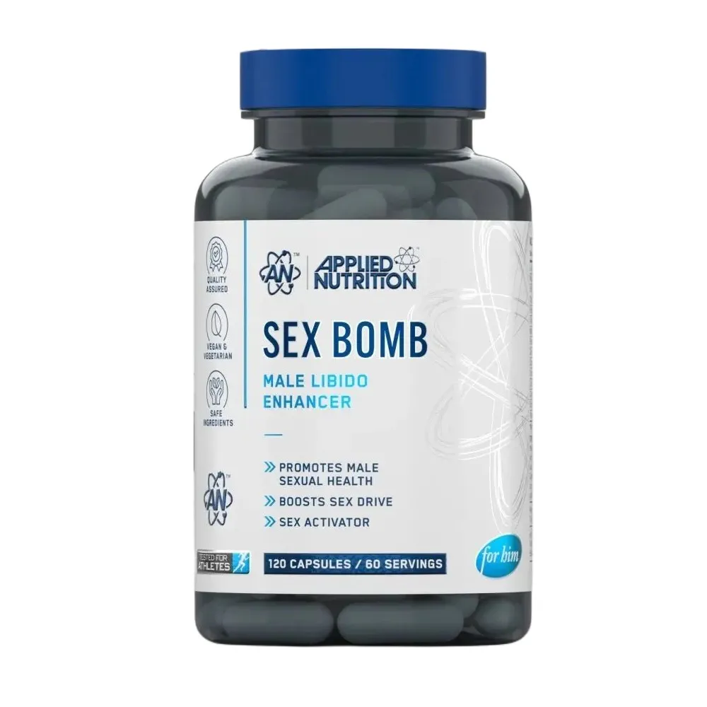 Applied Nutrition Sex Bomb male libido enhancer supplement for him, 120 capsules, designed to promote male sexual health and boost sex drive.