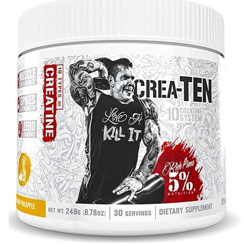 5% Nutrition Crea-Ten creatine supplement, fruit pineapple flavour, 30 servings, white tub with a muscular figure illustration and red branding.