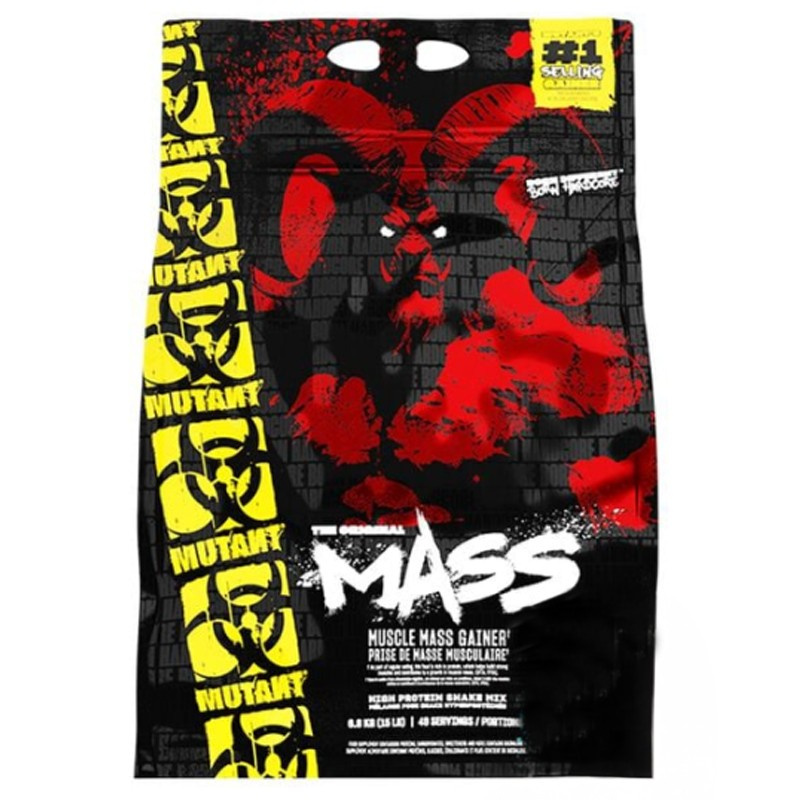 Mutant Mass Muscle Mass Gainer 6800g high-calorie protein powder supplement in a black and red bag with yellow branding, designed for muscle gain and bulking.