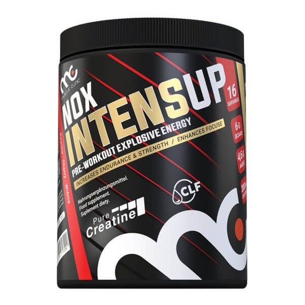 Muscle Clinic NOX IntenseUp 640g pre-workout supplement with pure creatine, BCAA, and L-arginine, designed to increase endurance, strength, and focus. Black container with gold and white text.