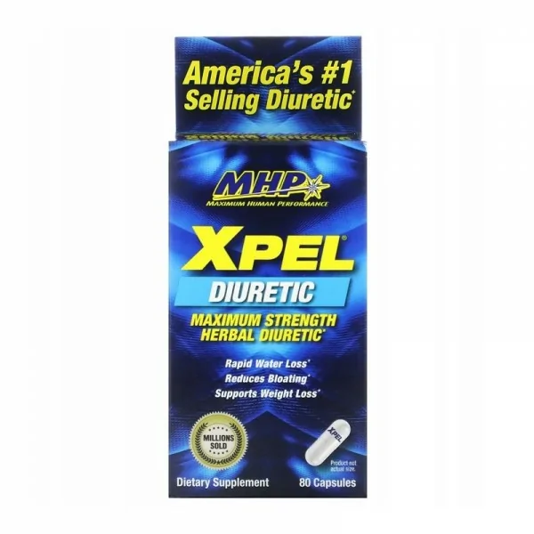 MHP Xpel Diuretic maximum strength herbal diuretic supplement, 80 capsules, designed for rapid water loss, reducing bloating, and supporting weight loss, in a blue box packaging.