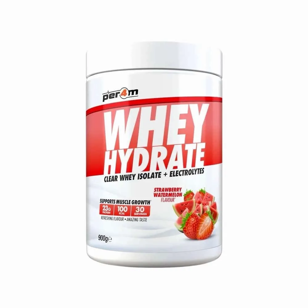 Per4m Whey Hydrate 900g clear whey isolate with electrolytes in strawberry watermelon flavour, white powder tub