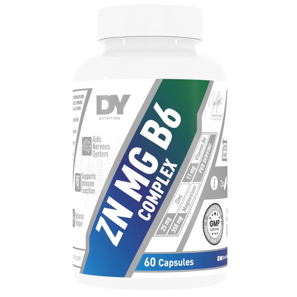 DY Nutrition ZN MG B6 Complex supplement, 60 capsules, containing zinc, magnesium, and vitamin B6, designed to support the nervous system and immune function. White bottle with blue and green label.