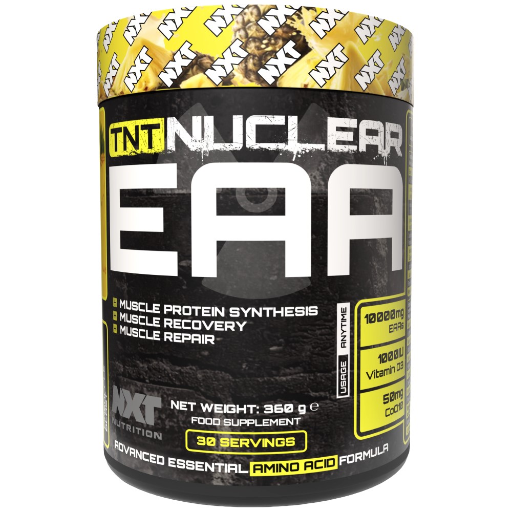 NXT Nutrition TNT Nuclear EAA 360g supplement tub with branded label, typically in a bold, sporty design