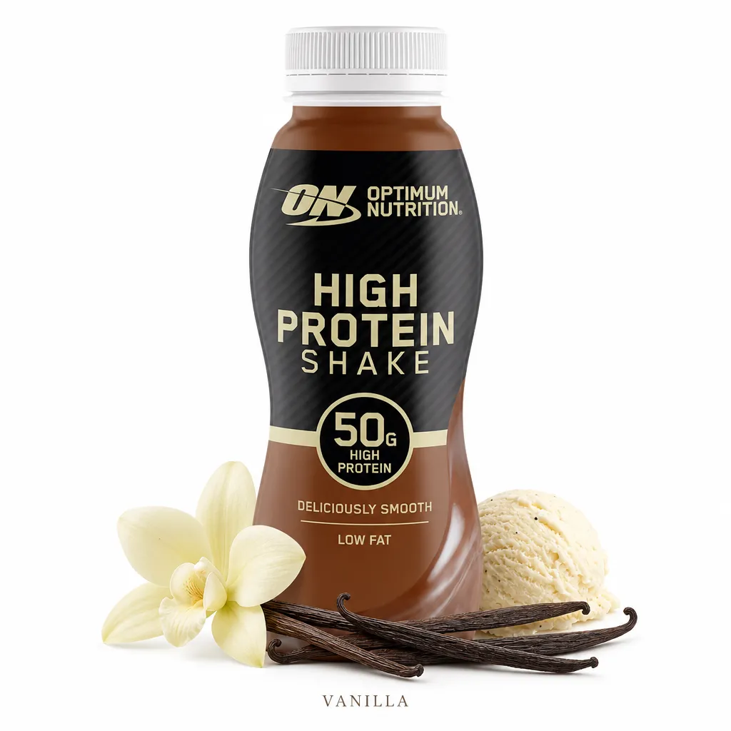 Optimum Nutrition High Protein Shake Vanilla 500ml bottle, featuring 50g protein, low fat, and a smooth vanilla flavor, ideal for post-workout or on-the-go nutrition.