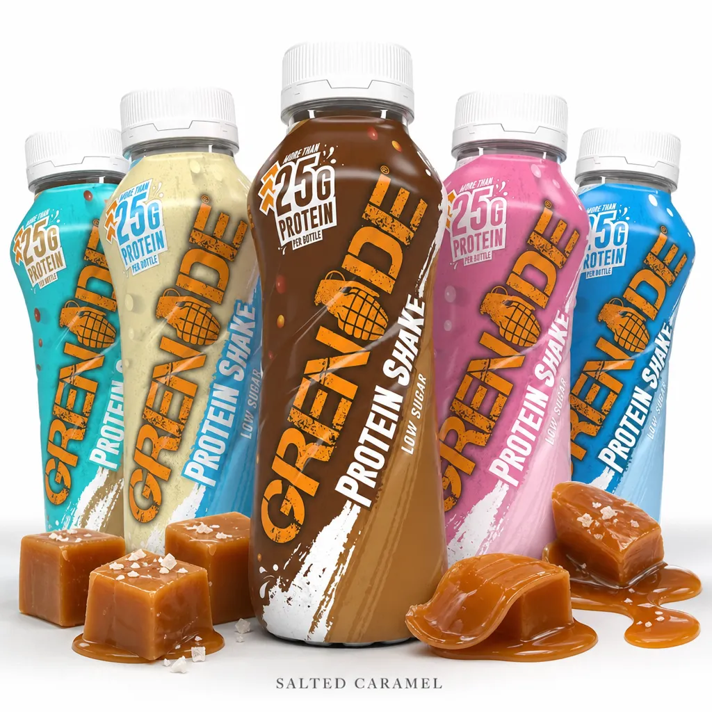 Grenade Shake 330ml x4 high-protein ready-to-drink shakes in assorted flavours, featuring over 25g protein per bottle, low sugar, and vibrant packaging.