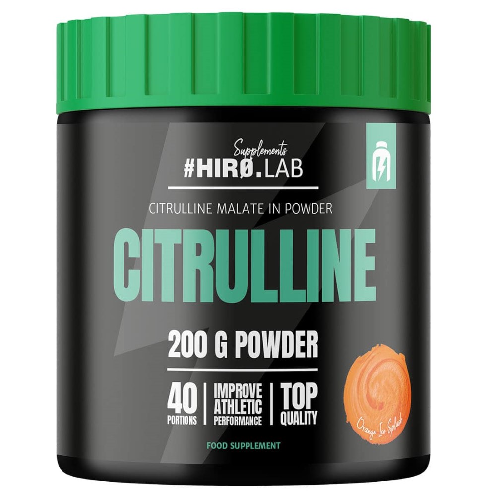 Hiro Lab Citrulline 200g powder, orange ice splash flavour, citrulline malate supplement for athletic performance, black container with green lid.