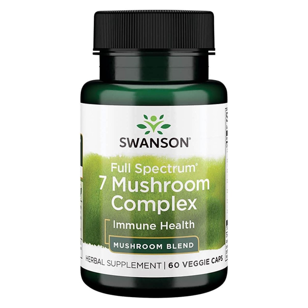 Swanson Full Spectrum 7 Mushroom Complex herbal supplement, 60 veggie capsules, mushroom blend for immune health in a green and white bottle.