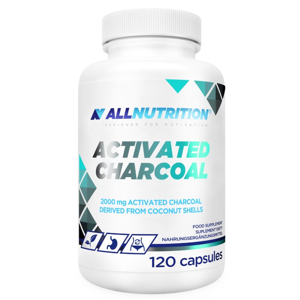Allnutrition Activated Charcoal 120 capsules food supplement with 2000 mg activated charcoal derived from coconut shells, in a white bottle with blue and teal accents.