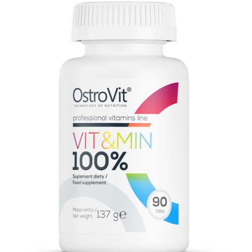 OstroVit Vit&Min 100% 90 tabs multivitamin and mineral supplement, white bottle with colorful accents, contains 90 tablets, net weight 137g.