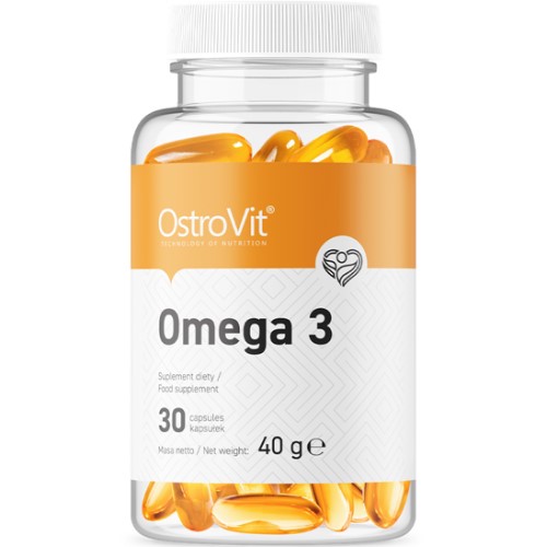 OstroVit Omega 3 dietary supplement, 30 capsules, fish oil softgels in a transparent bottle with orange and white label.
