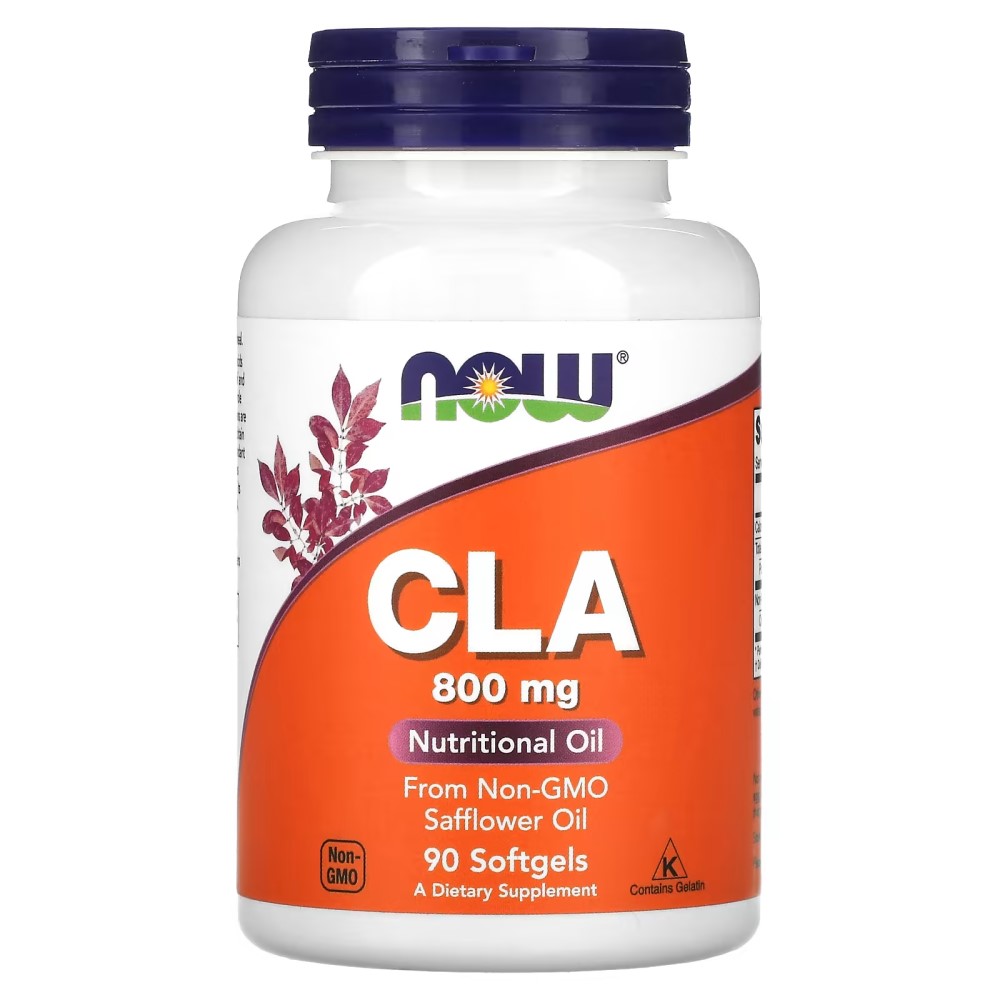 NOW Foods CLA 800mg softgels nutritional oil supplement, 90-count bottle, made from non-GMO safflower oil, orange and white label.
