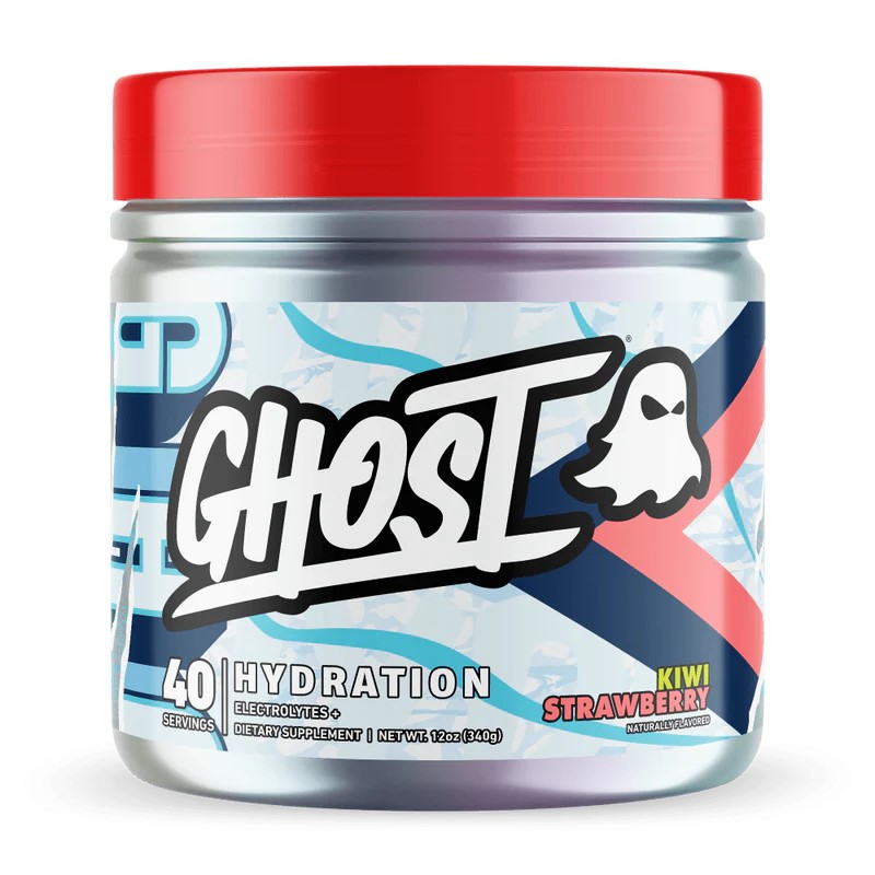 Ghost Hydration 40 Servings Kiwi Strawberry electrolyte supplement with a red lid and colorful label, designed for hydration support and naturally flavored.