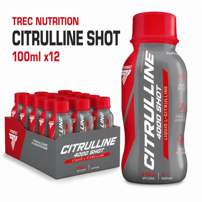 Trec Nutrition Citrulline Shot 100ml x12, a liquid L-citrulline and citrulline malate supplement for athletes, in cherry-orange flavor, packaged in 12 ready-to-drink bottles.