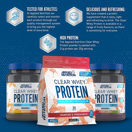 Applied Nutrition Clear Whey Protein 875g Cranberry & Pomegranate, a hydrolysed whey protein isolate supplement with 21g protein per serving, shown in a resealable pouch with two other flavours in jars.