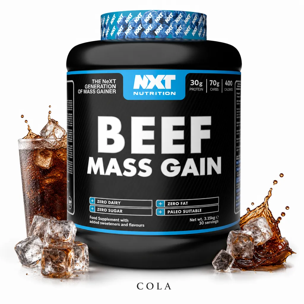 NXT Nutrition Beef Mass 3150g mass gainer supplement, cola flavour, featuring beef protein isolate, zero dairy, sugar, or fat, ideal for clean bulking.