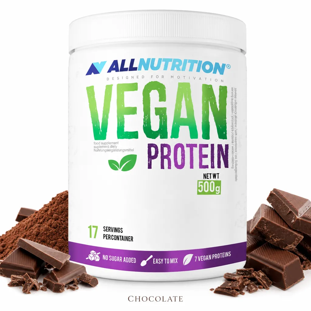 Allnutrition Vegan Protein 500g chocolate flavour plant-based protein powder with a blend of seven vegan proteins, no added sugar, and 17 servings per container.