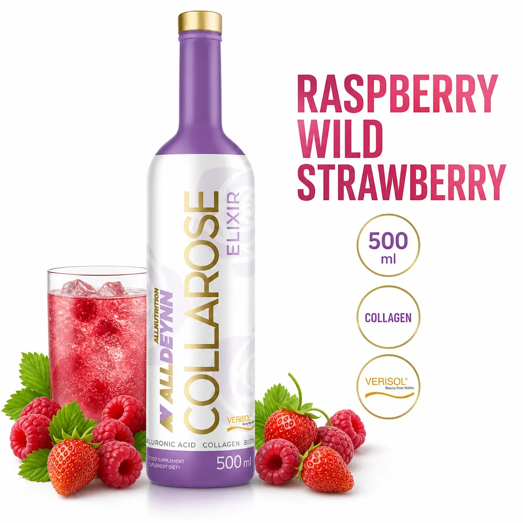 Allnutrition ALLDEYNN Collarose Elixir 500ml liquid collagen beauty supplement, Raspberry Wild Strawberry flavour, in a purple bottle