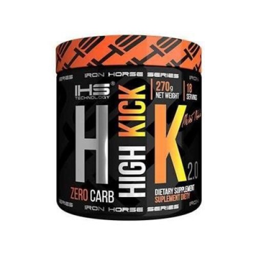 Iron Horse High Kick 2.0 270g pre-workout dietary supplement with zero carbs, 18 servings, in a black and orange container.