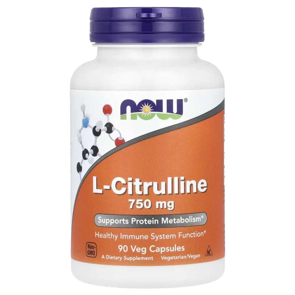 NOW L-Citrulline 750 mg 90 Veg Capsules dietary supplement for protein metabolism and immune system support, vegetarian and vegan friendly, in a white bottle with orange label.
