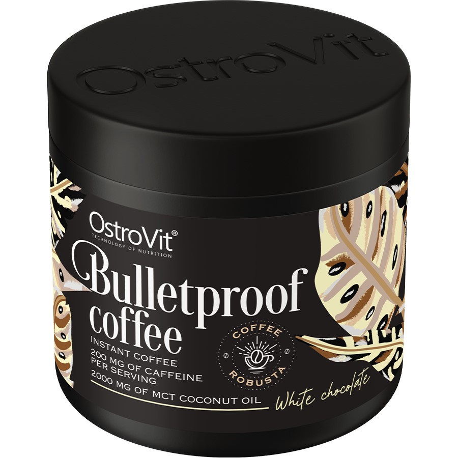 OstroVit Bulletproof Coffee white chocolate flavour instant coffee with 200 mg caffeine and 2000 mg MCT coconut oil per serving, in a black jar.