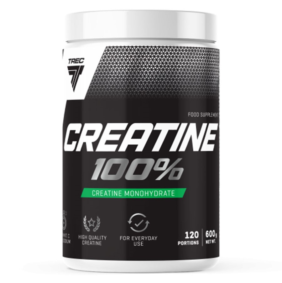 Trec Creatine 100% 600g creatine monohydrate supplement, unflavoured, in a black and white tub with green accents, 120 portions.