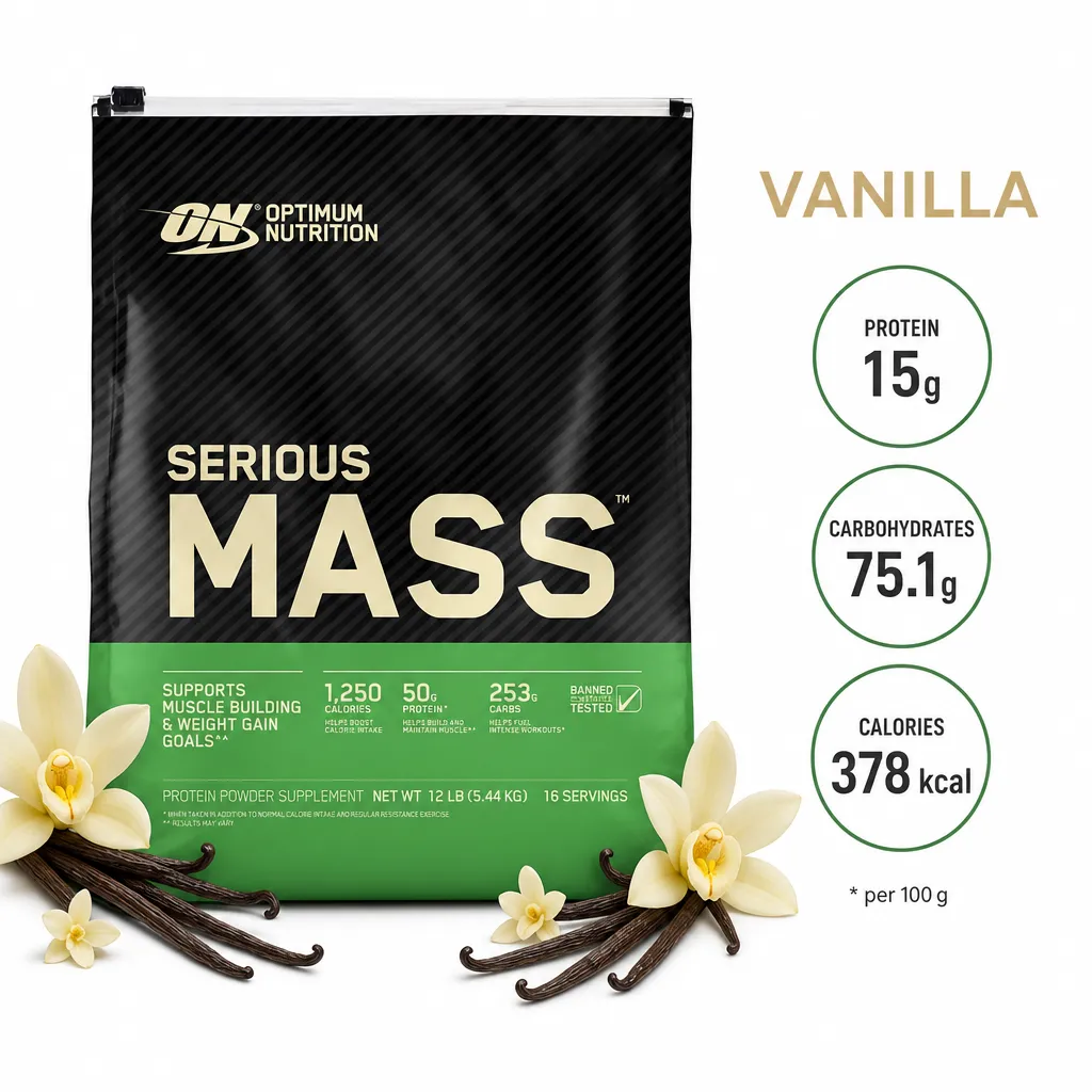 Optimum Nutrition Serious Mass 5450g Vanilla is a high-calorie mass gainer protein powder with 15g protein, 75.1g carbohydrates, and 378 kcal per 100g, ideal for muscle building and weight gain.