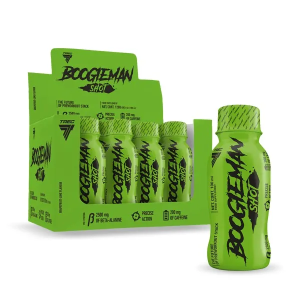 Trec Nutrition Boogieman Shot 100ml grapefruit lime flavour pre-workout supplement, featuring 2500mg beta-alanine and 200mg caffeine, in a bright green bottle and box.