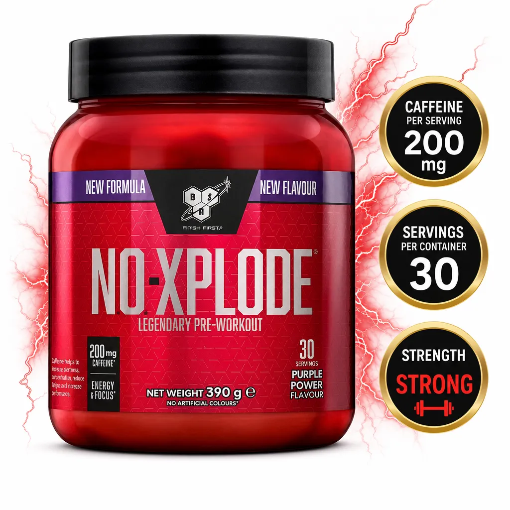 BSN NO Xplode pre-workout powder, Purple Power flavour, 30 servings, 390 g red tub with 200 mg caffeine per serving