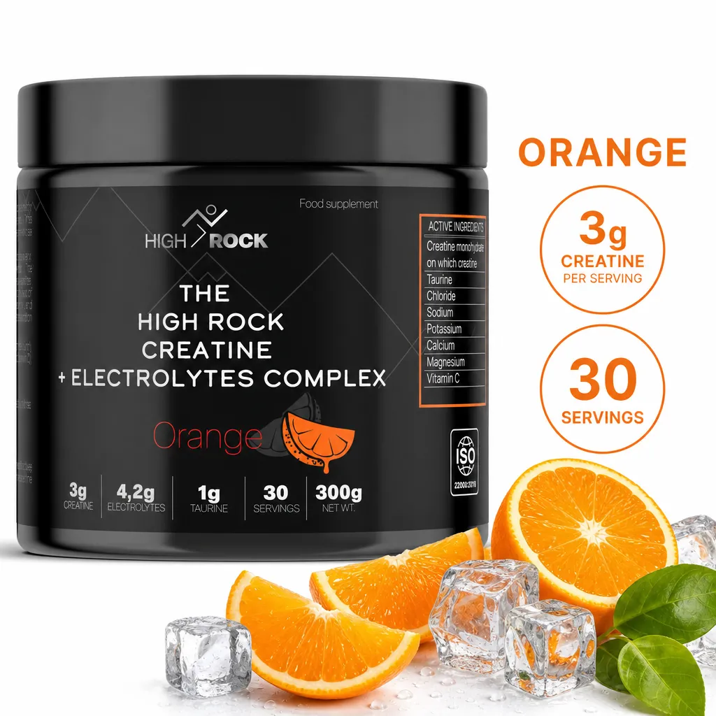 High Rock Creatine + Electrolytes Complex orange-flavour powder, 300g tub with 3g creatine per serving and 30 servings.