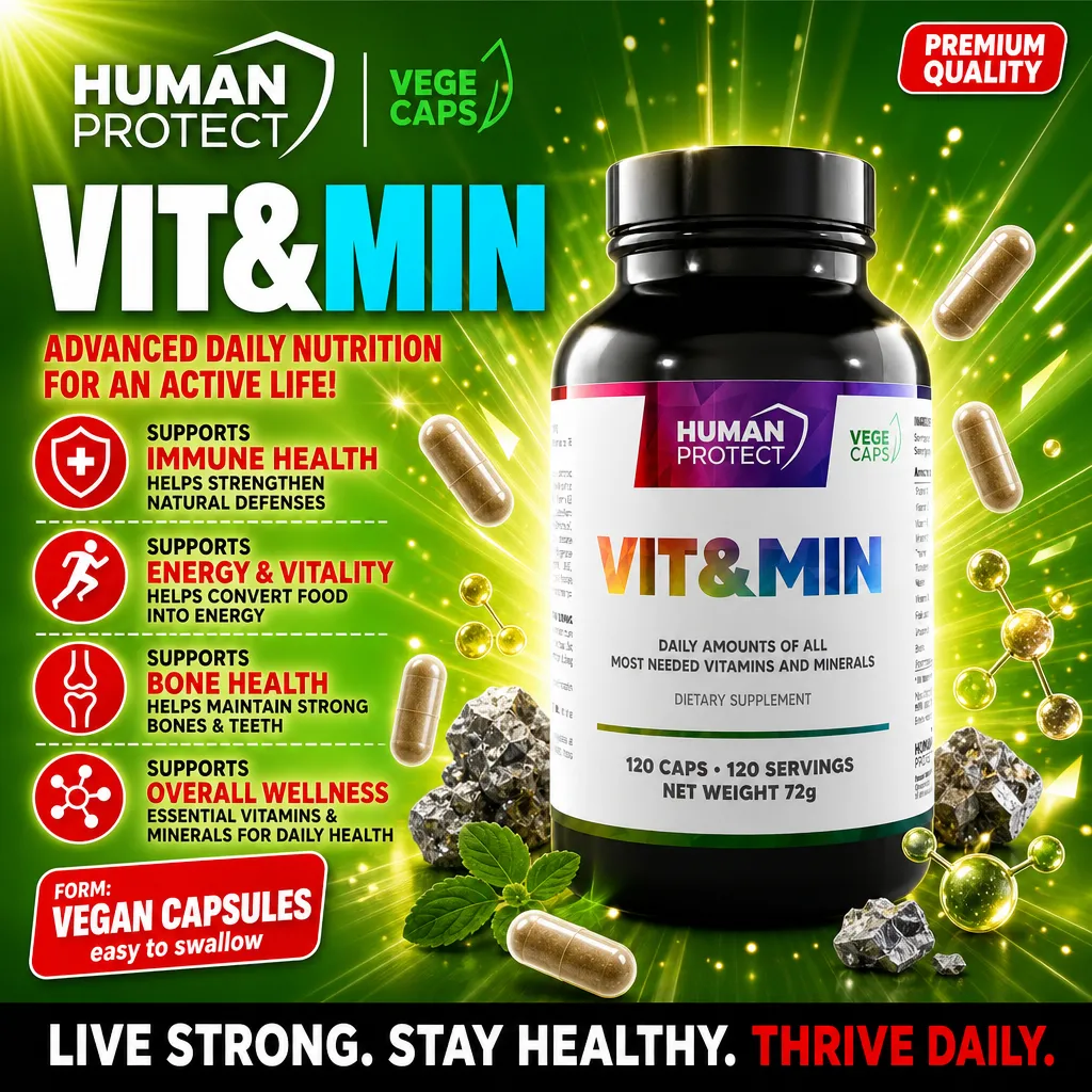 Human Protect Vit&Min 120 Caps dietary supplement, vegan capsules with essential vitamins and minerals for immune health, energy, bone health, and overall wellness. Green-themed packaging.