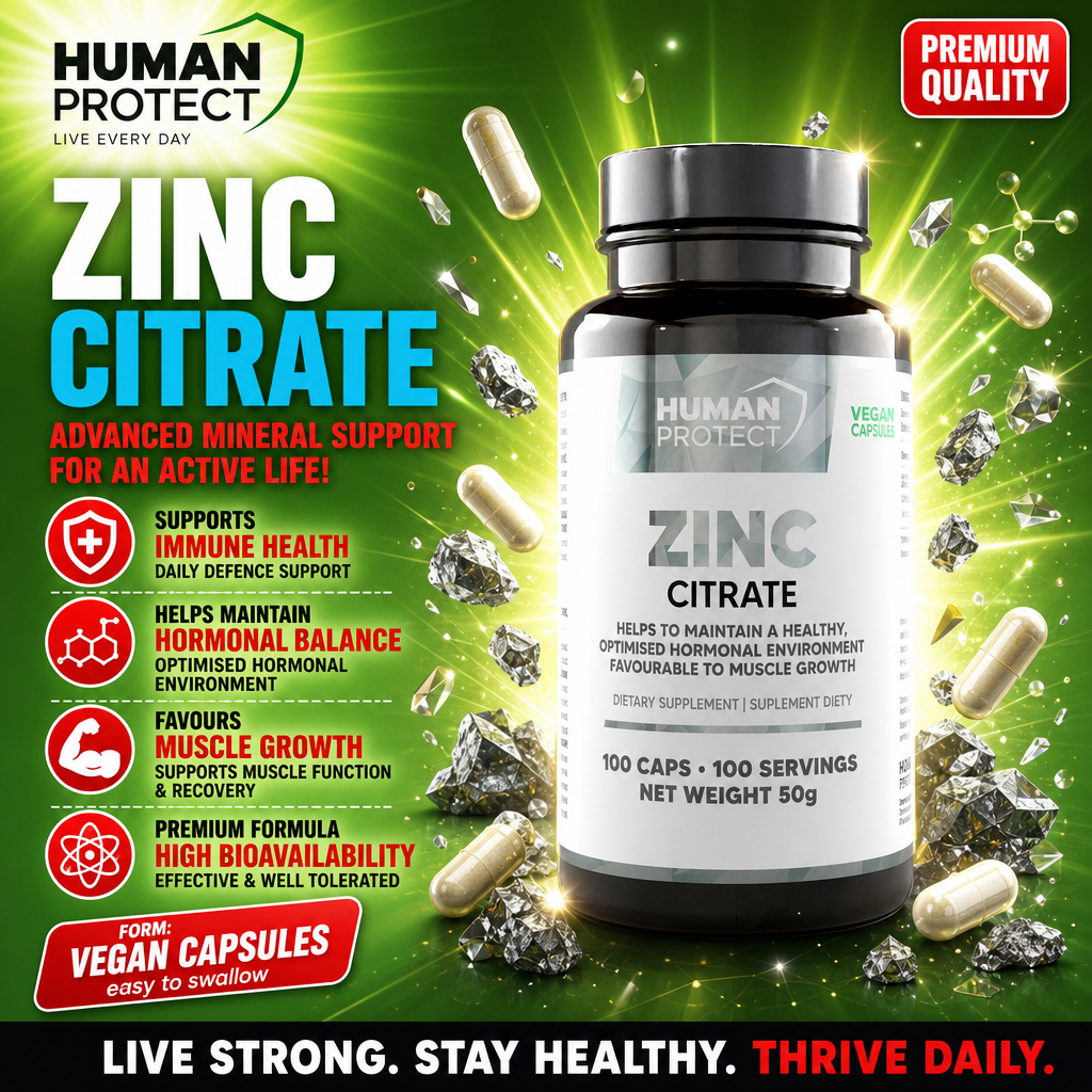 Human Protect Zinc Citrate 100 Caps vegan capsules dietary supplement for immune health, hormonal balance, and muscle growth, in a black bottle with green and white label.